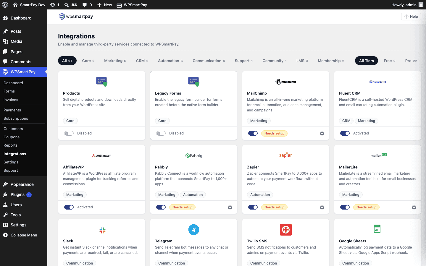 WP SmartPay Extensions page showing available integrations
