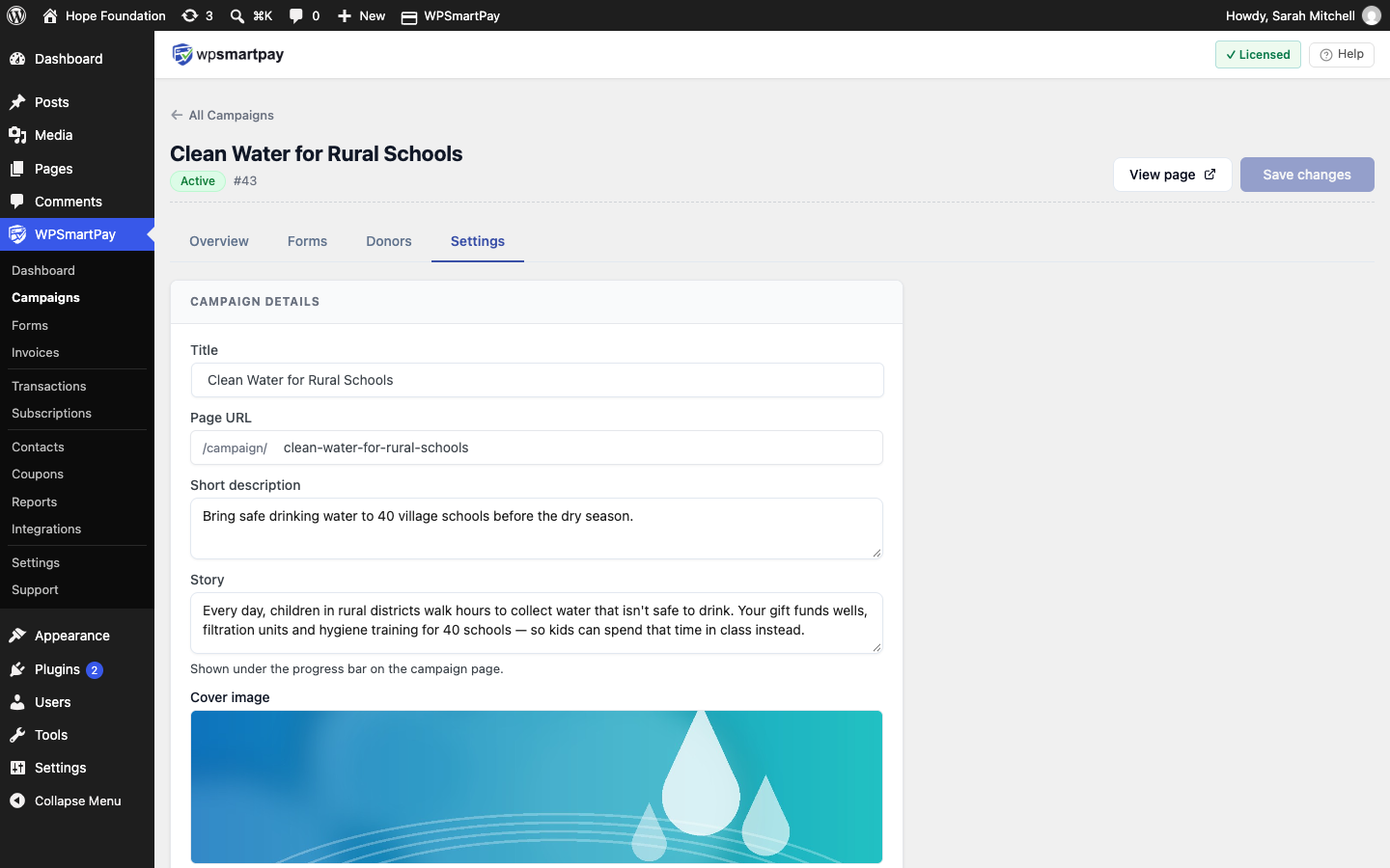 Screenshot of WP SmartPay campaign Settings tab showing campaign details and goal cards
