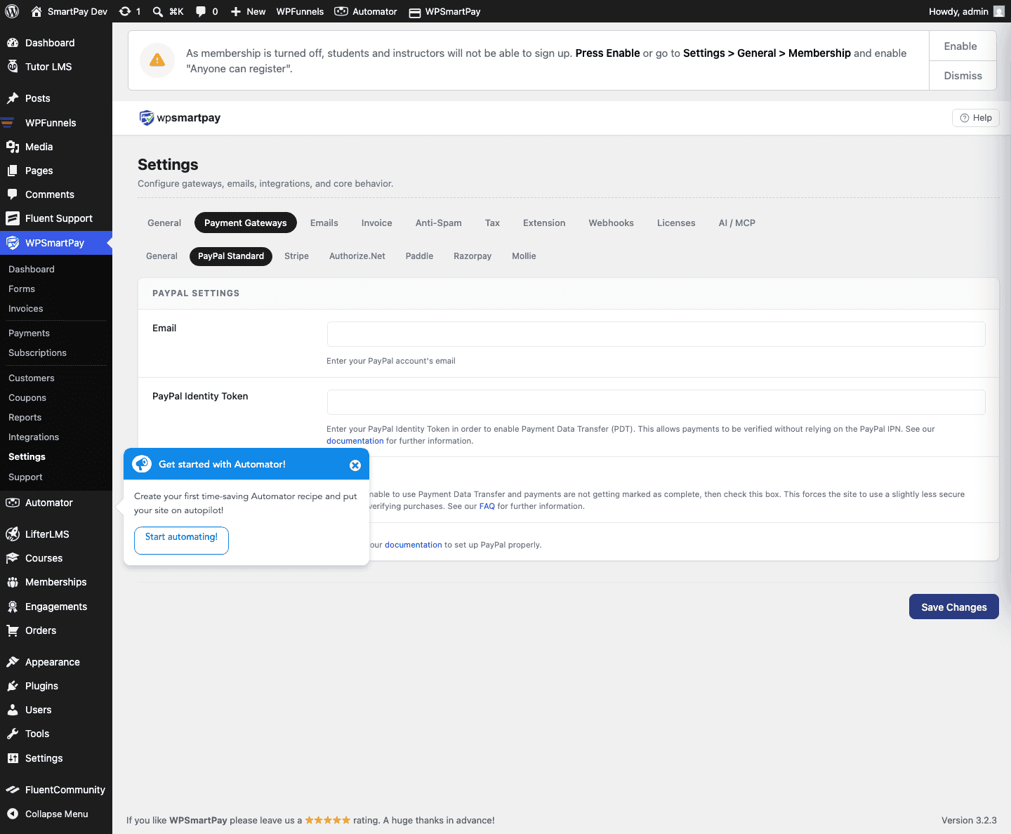Screenshot of WP SmartPay PayPal Standard settings showing PayPal email fields for live and test mode