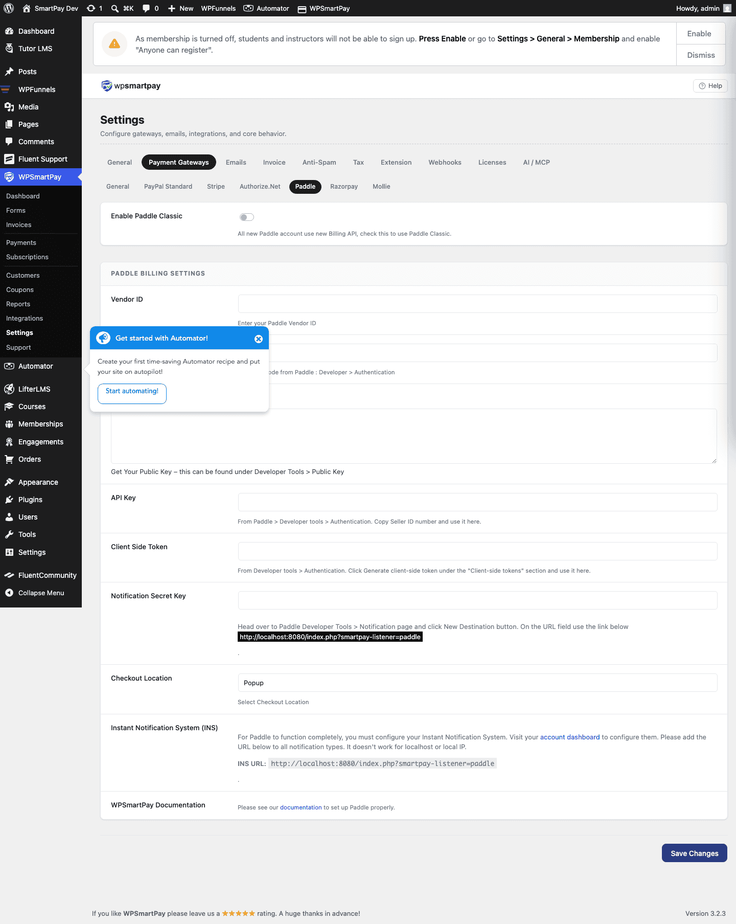 Screenshot of WP SmartPay Paddle settings showing API key fields for live and sandbox environments