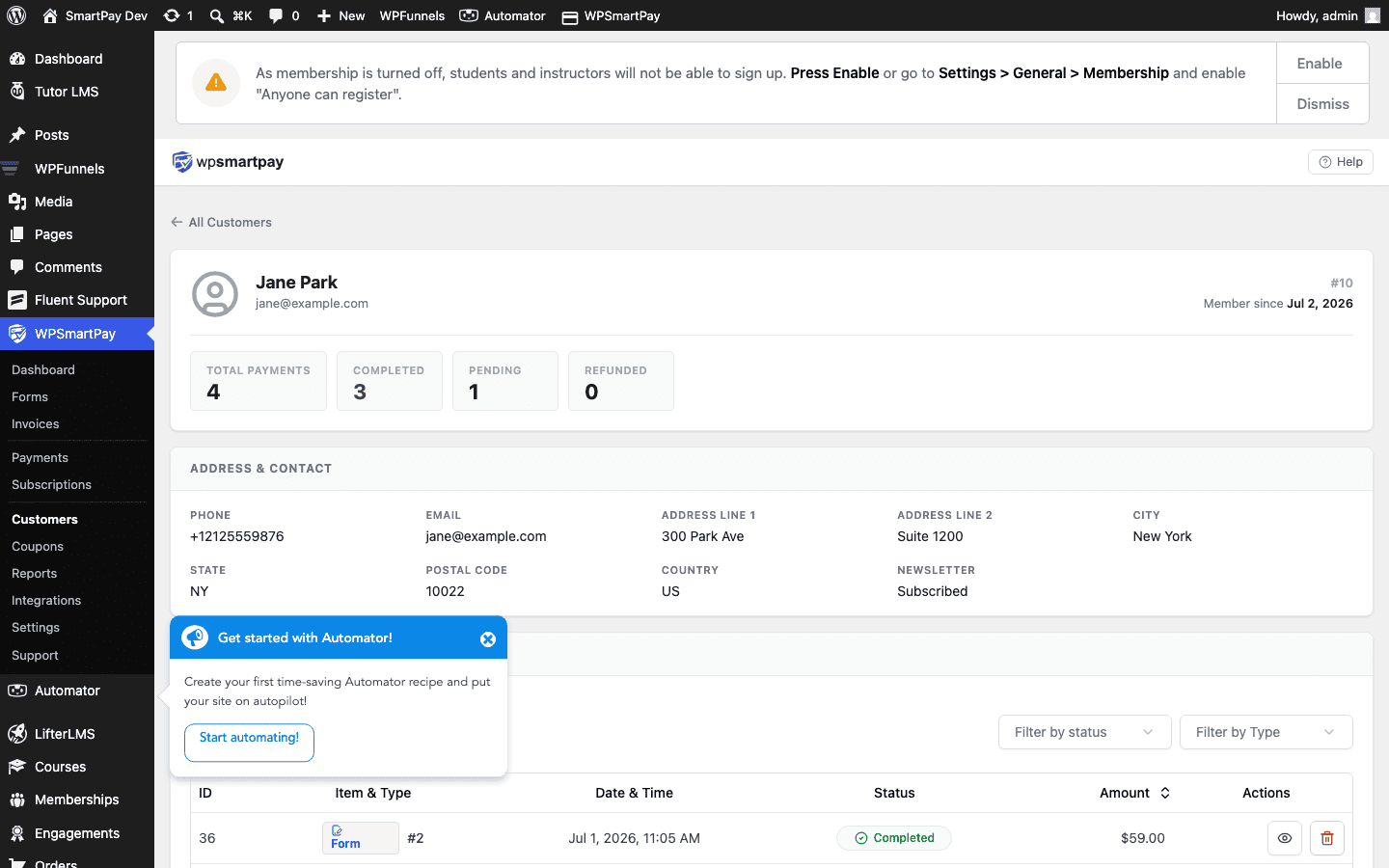 Screenshot of WP SmartPay customer detail page showing profile, payment history, and stats