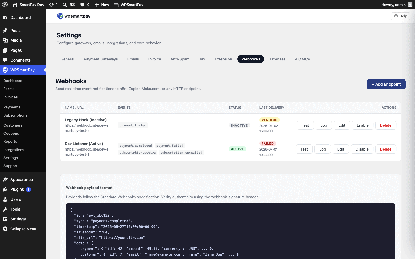 WP SmartPay Webhooks settings page for automation integrations
