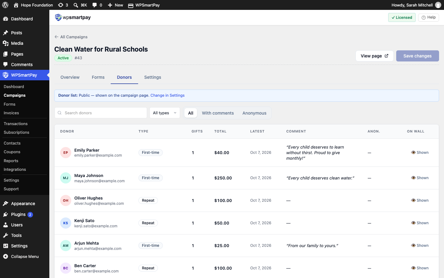 Screenshot of WP SmartPay campaign Donors tab listing donors with type, total, comment and wall status