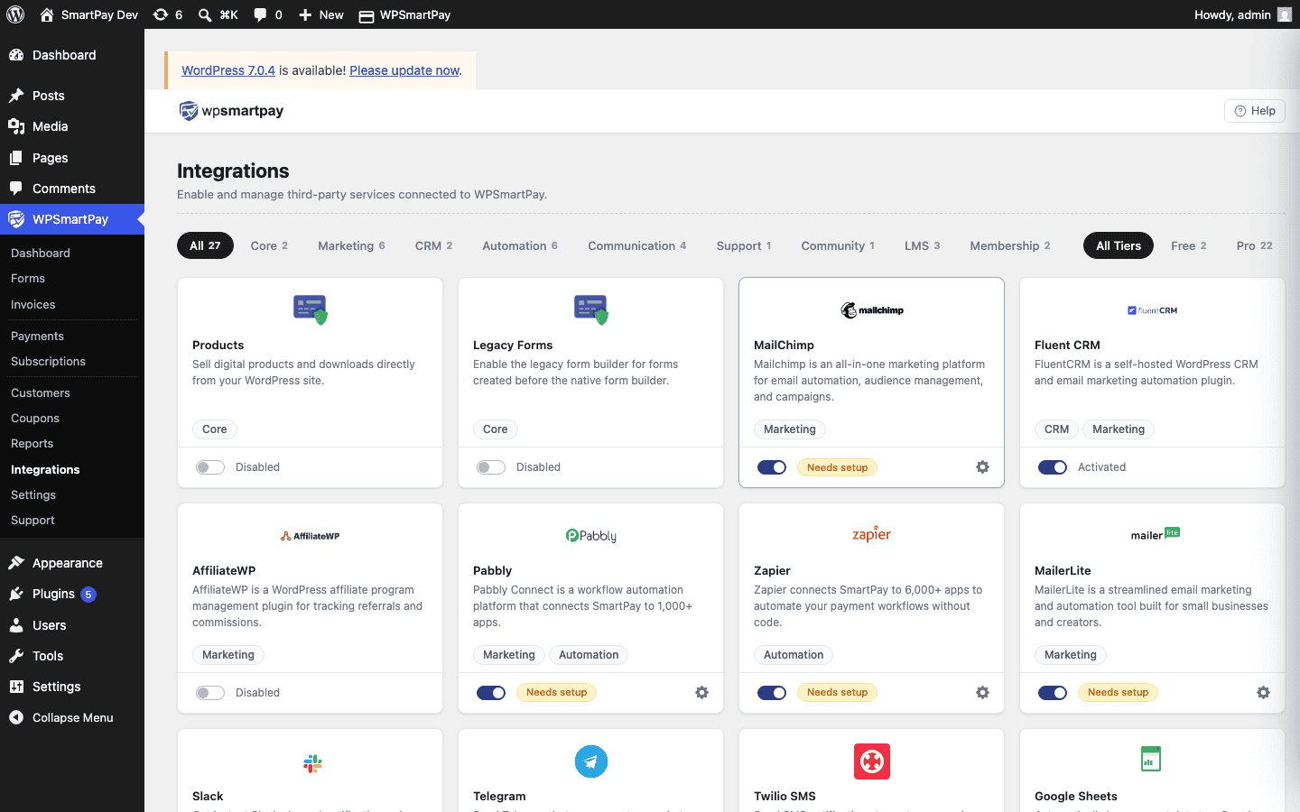 WP SmartPay Extensions page showing MailChimp integration
