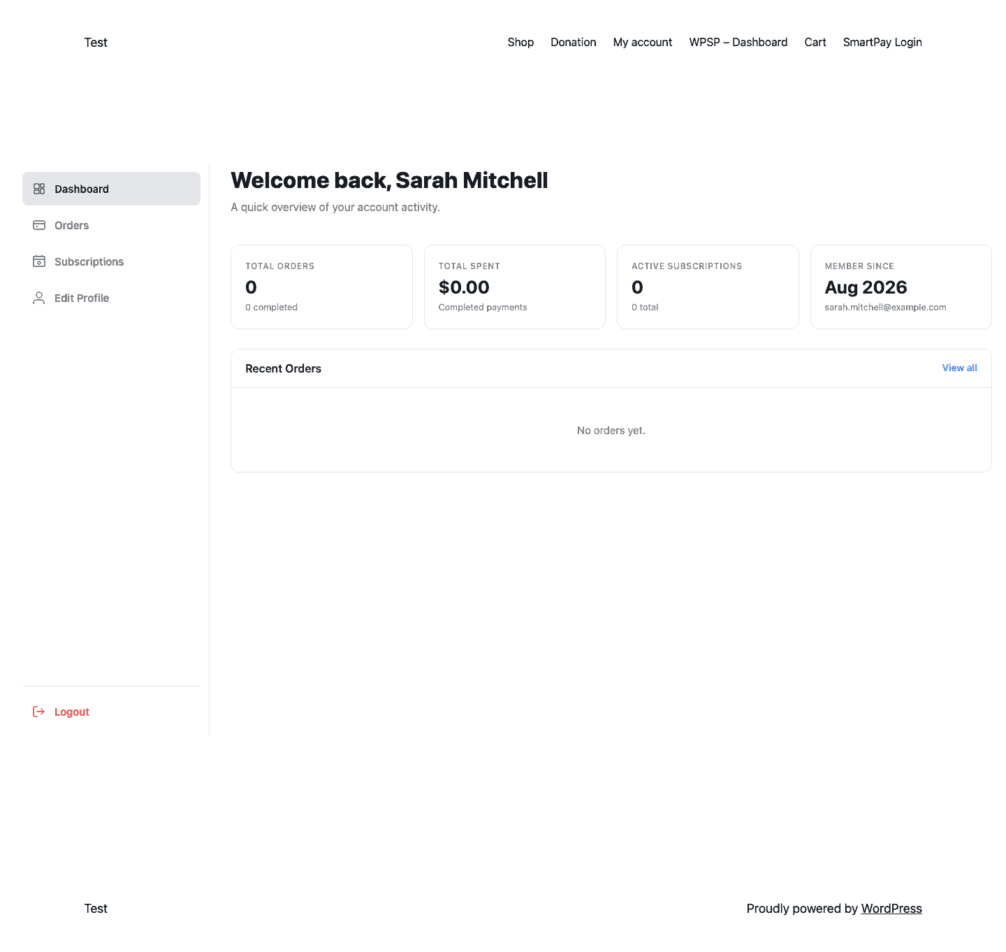 Screenshot of the WP SmartPay customer dashboard showing summary cards for total orders, total spent, active subscriptions, and member since, alongside a Recent Orders panel and side navigation