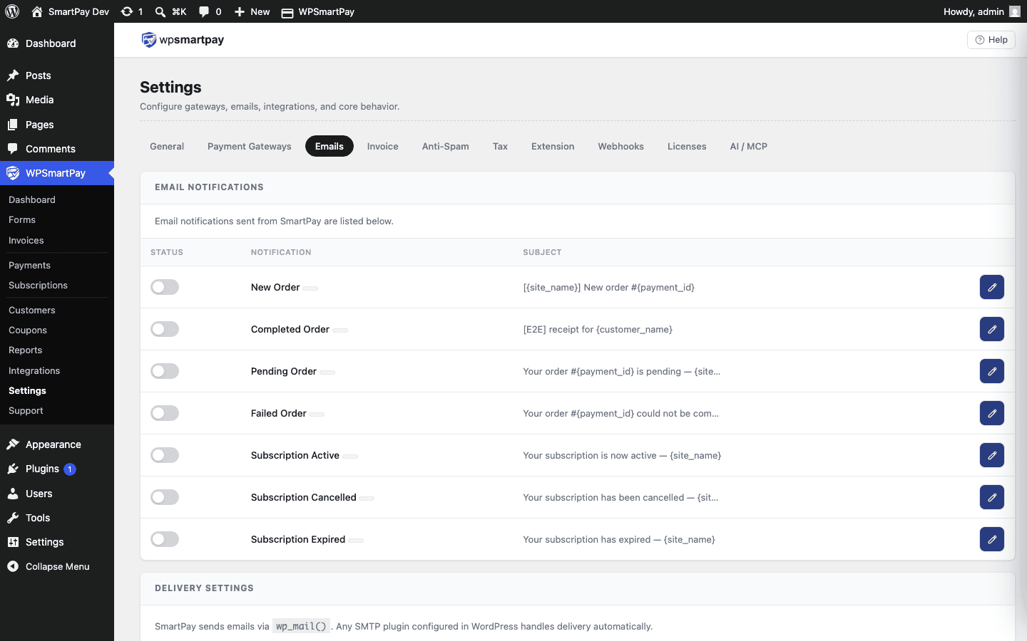 Screenshot of WP SmartPay Email settings page showing From Name, From Email, and individual email toggles