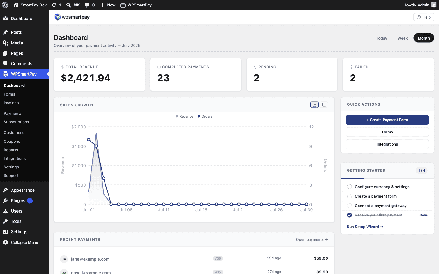WP SmartPay admin dashboard overview