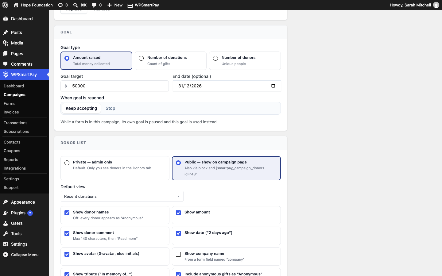 Screenshot of WP SmartPay campaign Settings showing the Donor list card and wall preview