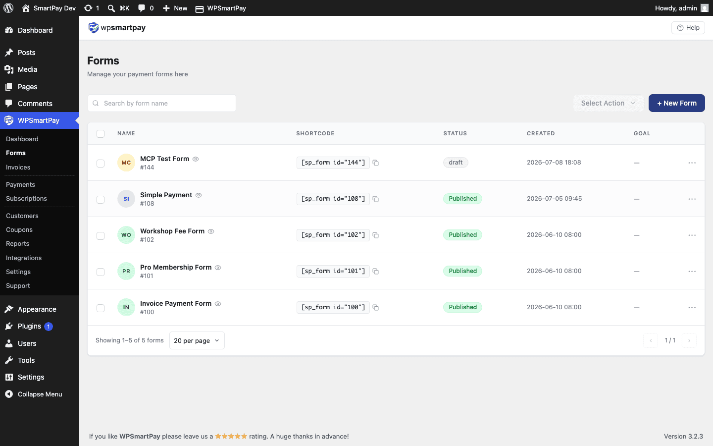 Screenshot of WP SmartPay Forms list showing the shortcode column for each form