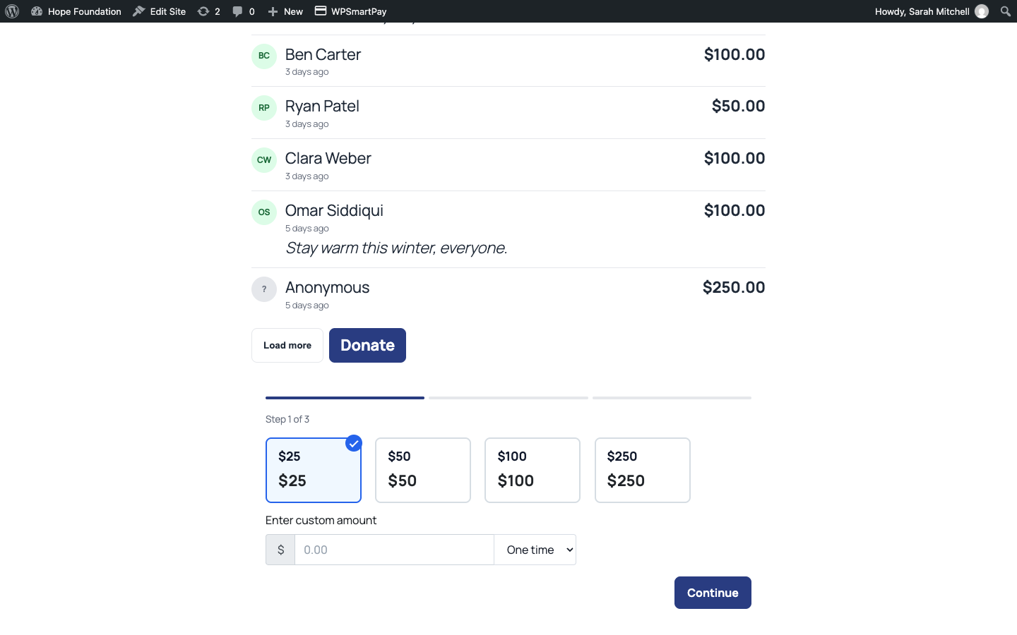 Screenshot of a WP SmartPay donation form on the campaign page showing step 1 of 3 with amount cards and a One time dropdown