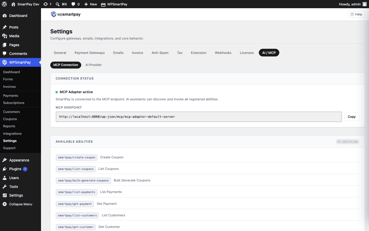 Screenshot of the WP SmartPay AI / MCP settings page showing the Connection Status card, Available Abilities list, and connection instructions for Claude Code and Claude Desktop