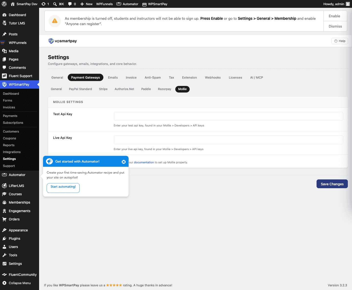 Screenshot of WP SmartPay Mollie settings showing API key fields for live and test mode