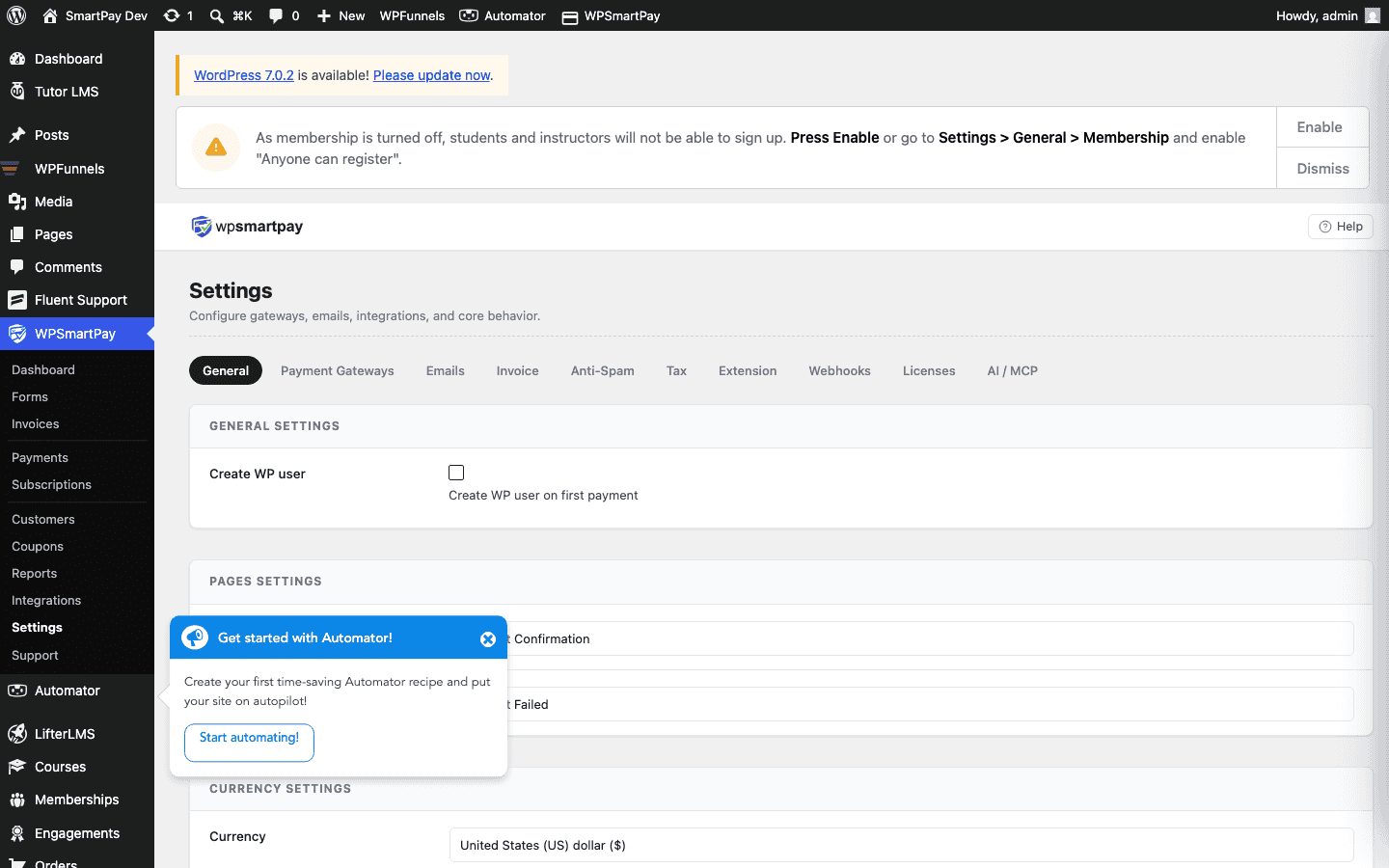 Screenshot of WP SmartPay General Settings page showing business name, logo, and invoice settings
