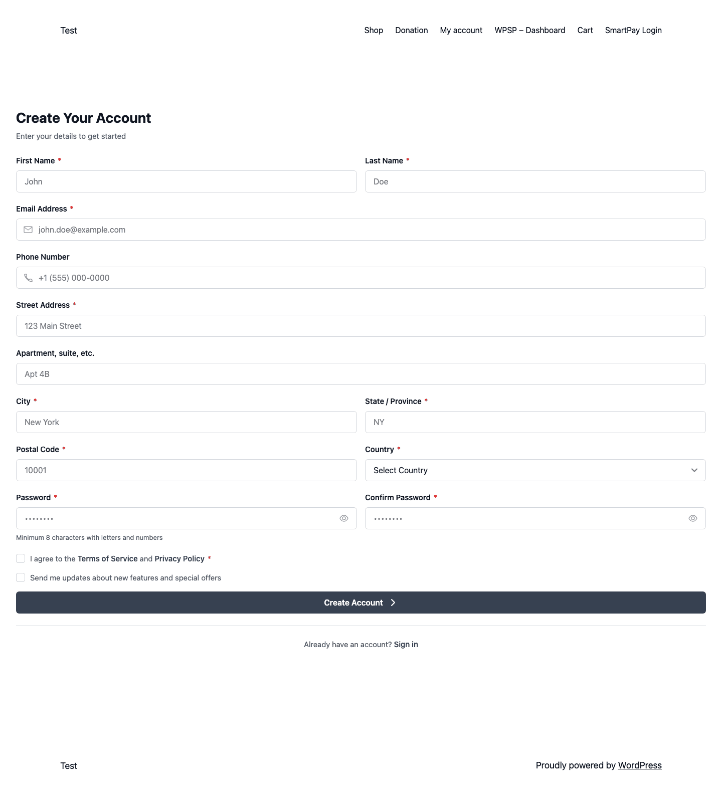 Screenshot of the WP SmartPay frontend registration page showing the Create Your Account form with name, email, phone, address, country, and password fields