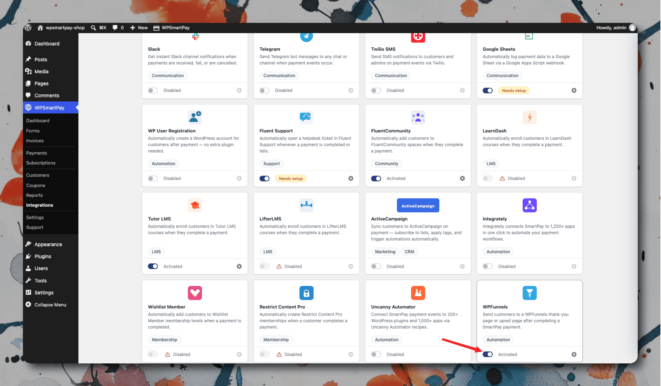 SmartPay Extensions page with WPFunnels integration toggled on