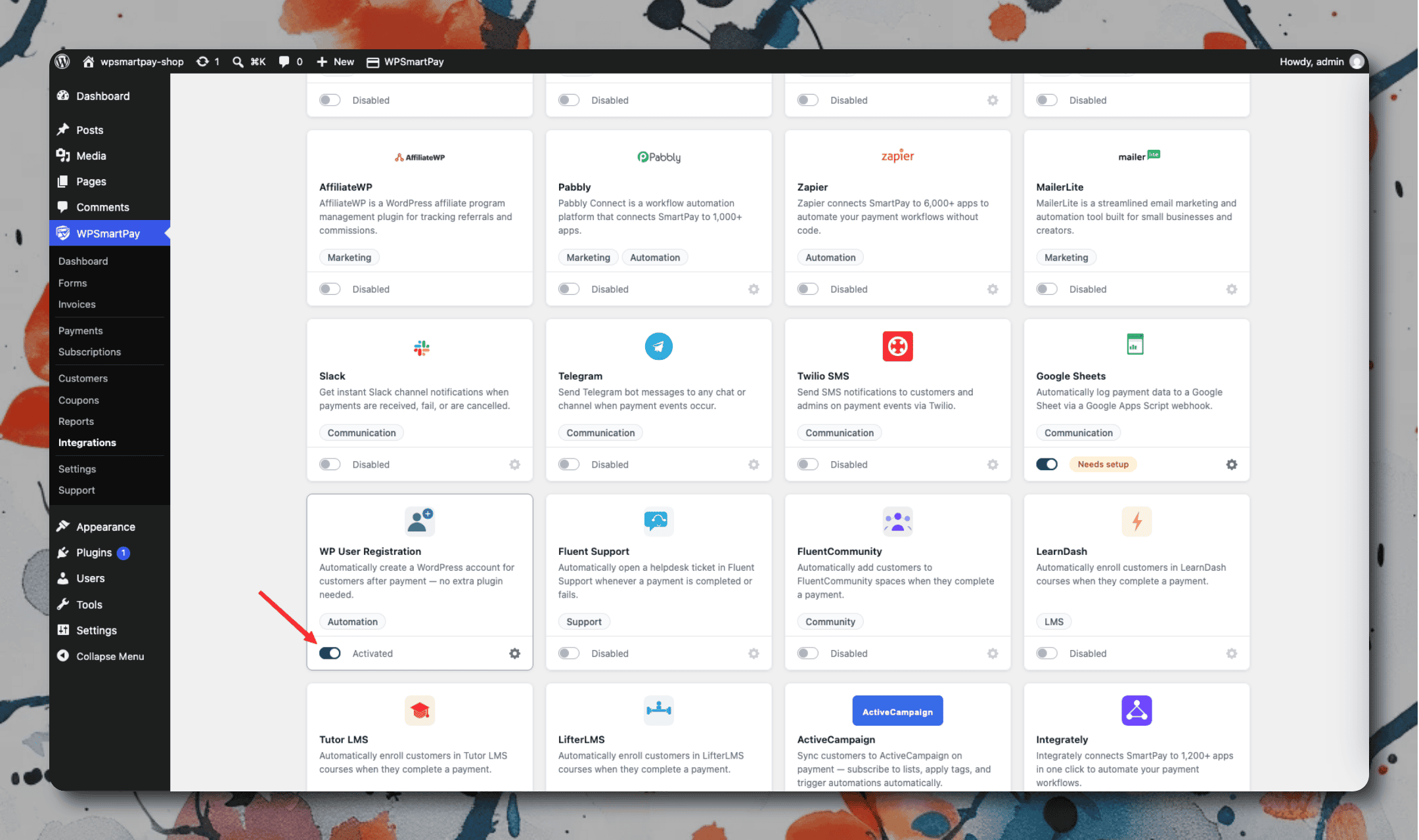 SmartPay Extensions page with WP User Registration integration toggled on