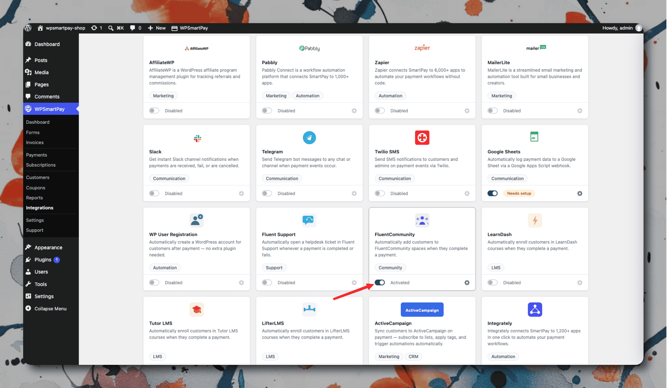 SmartPay Extensions page with FluentCommunity integration toggled on