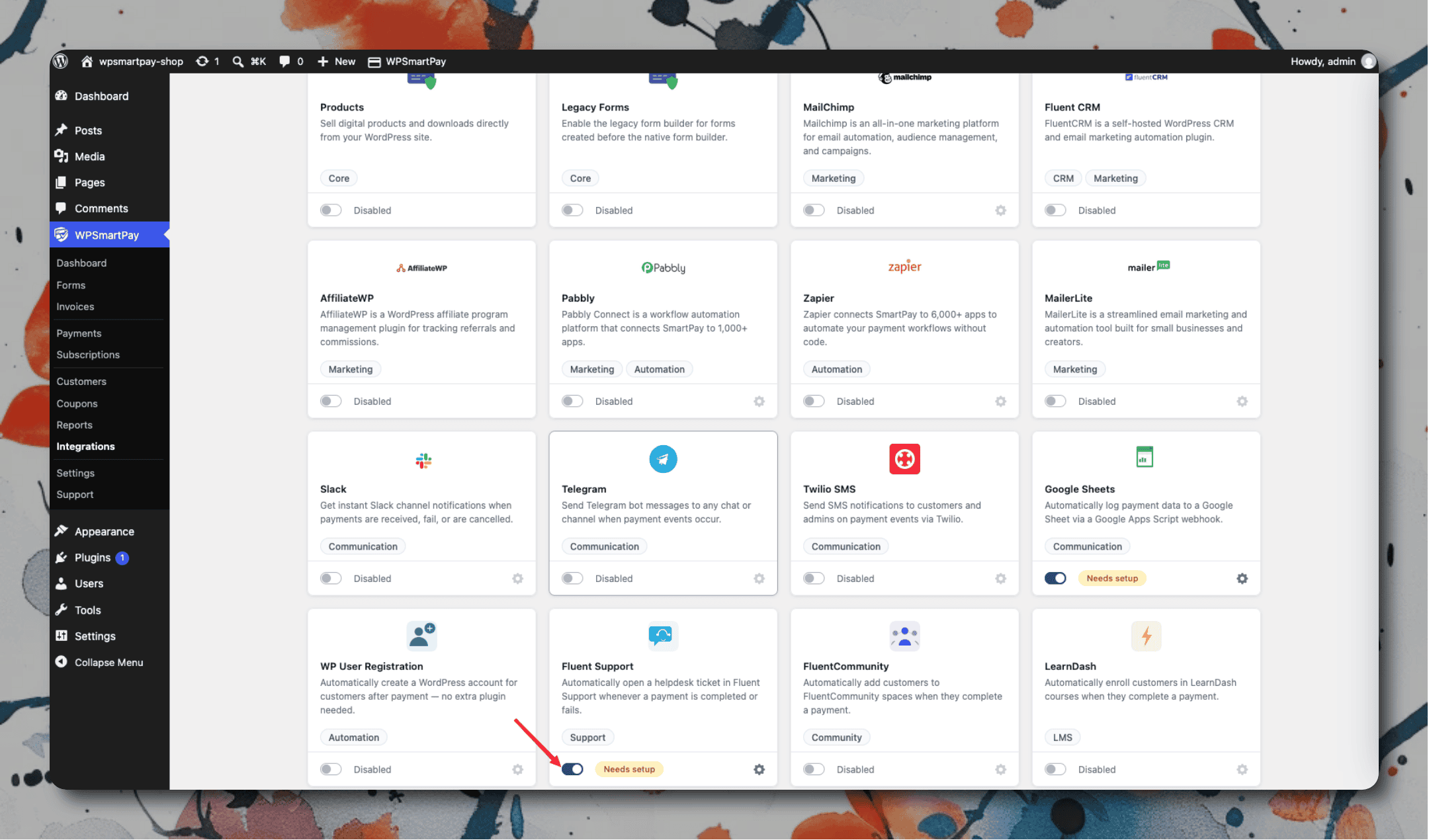 SmartPay Extensions page with Fluent Support integration toggled on