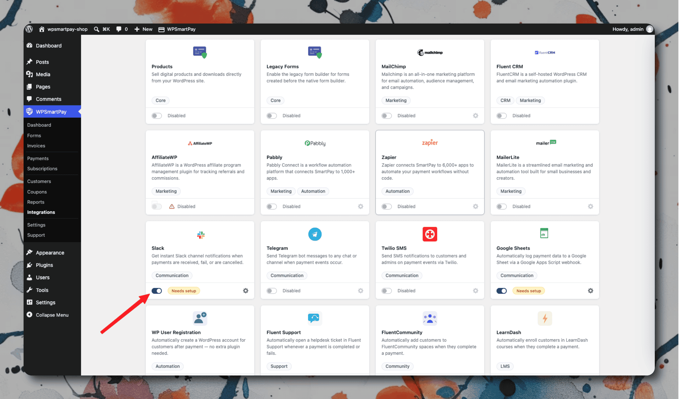 WP SmartPay Extensions page showing messaging integrations