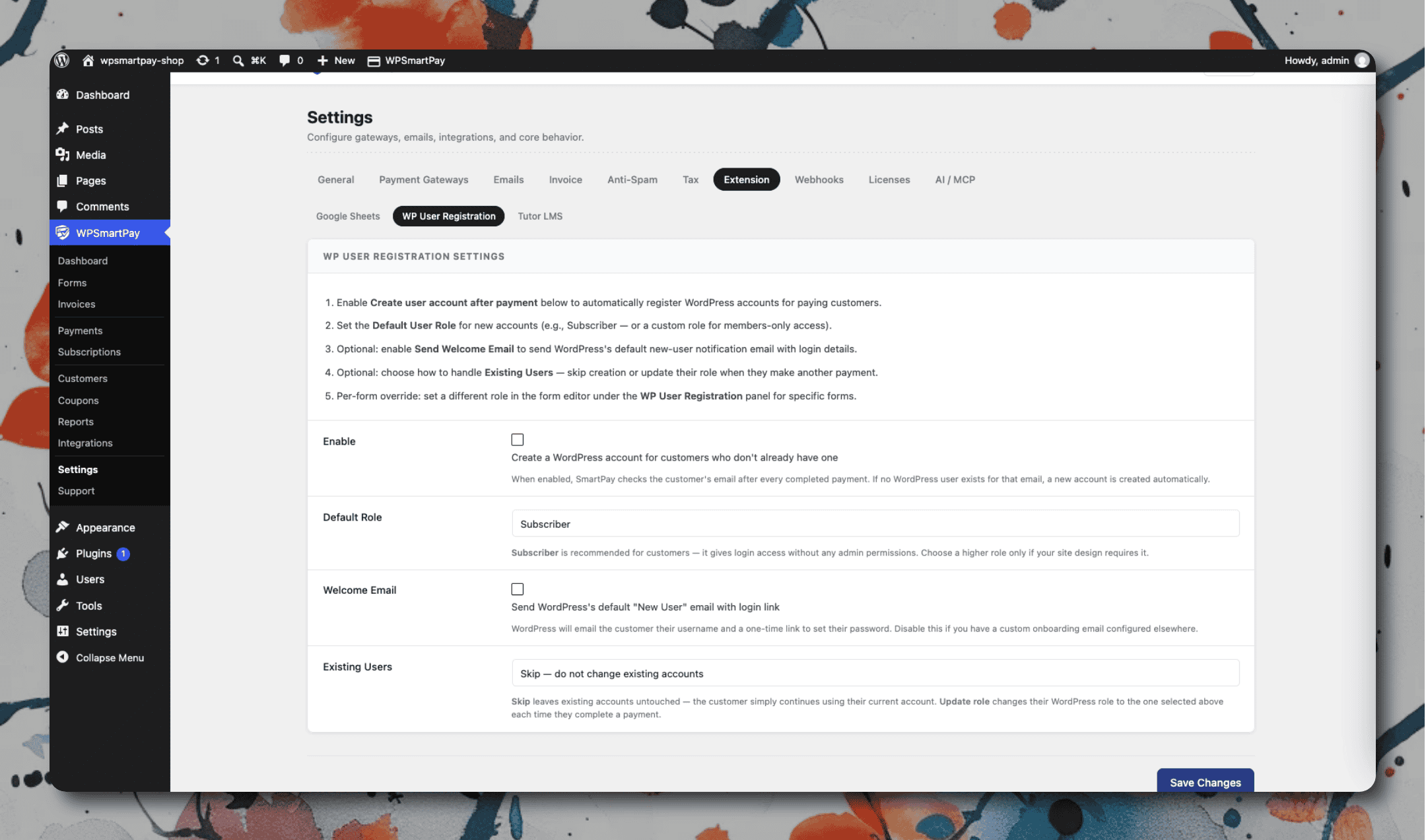 SmartPay Settings page for WP User Registration showing role assignment and email options