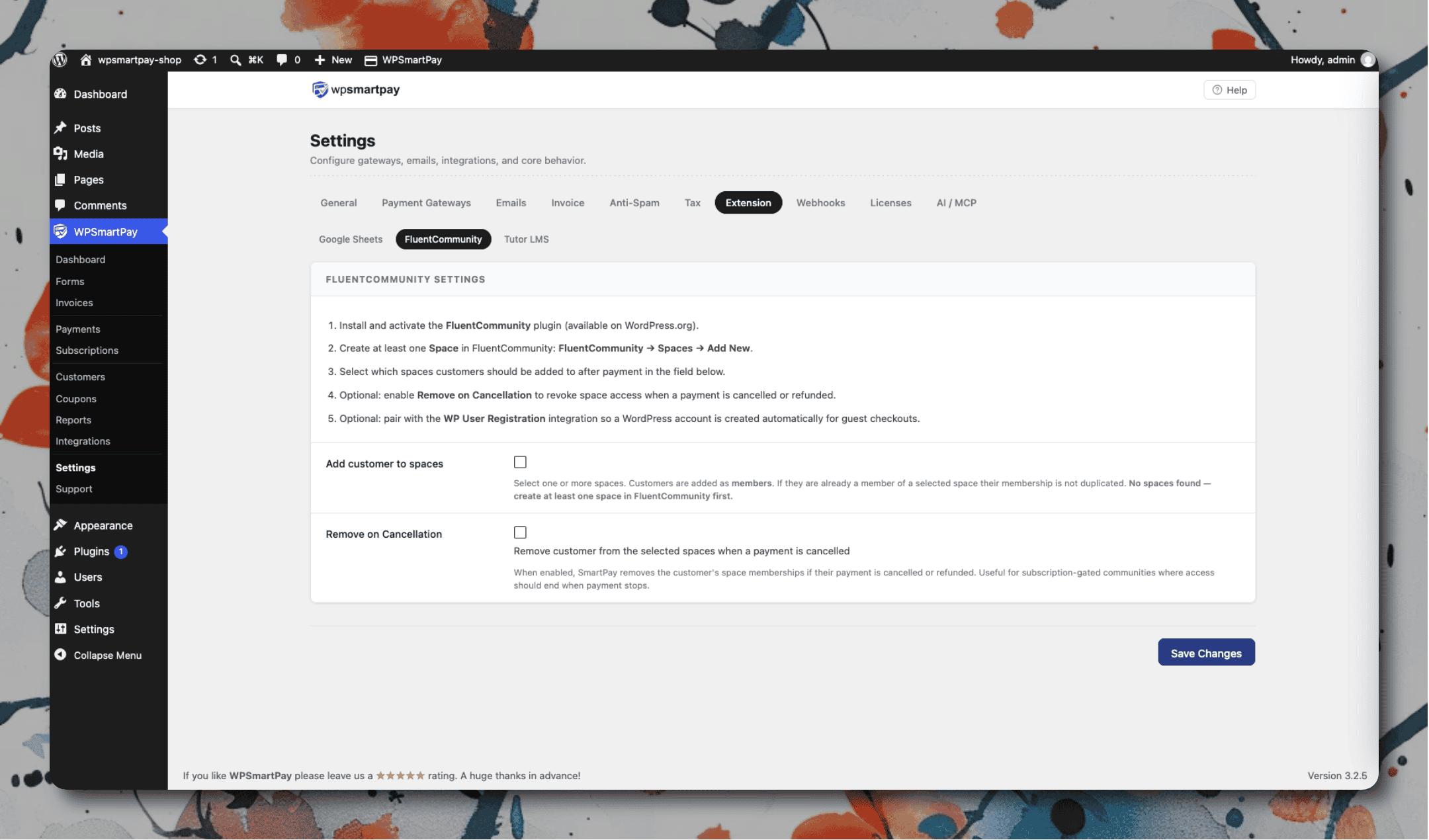 SmartPay Settings page for FluentCommunity showing space selector and cancellation option