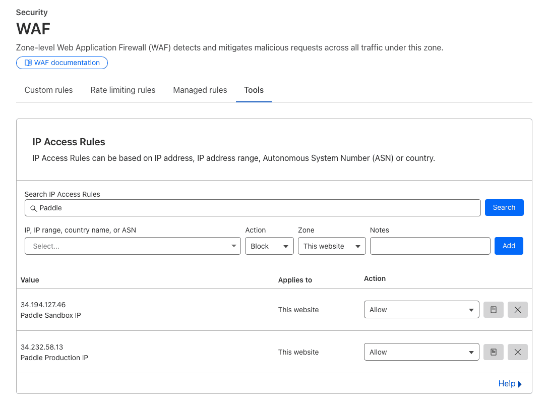 Cloudflare WAF Tools - IP Access Rules Configuration Screen