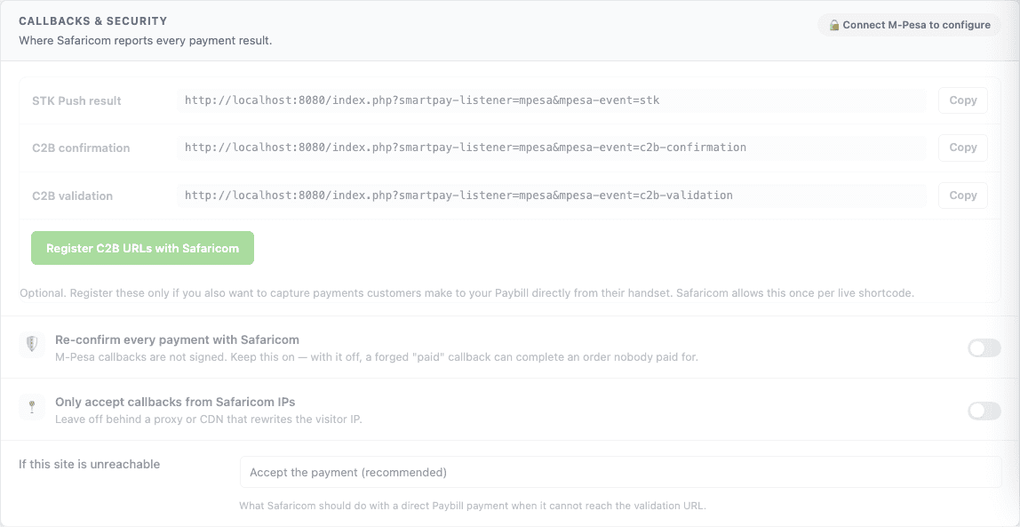 Screenshot of WP SmartPay M-Pesa settings showing the Callbacks and Security card with the STK Push, C2B confirmation and C2B validation URLs and their copy buttons