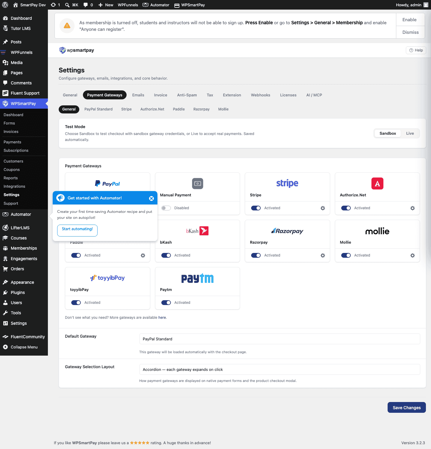 Screenshot of WP SmartPay Toyyibpay settings showing User Secret Key and Category Code fields
