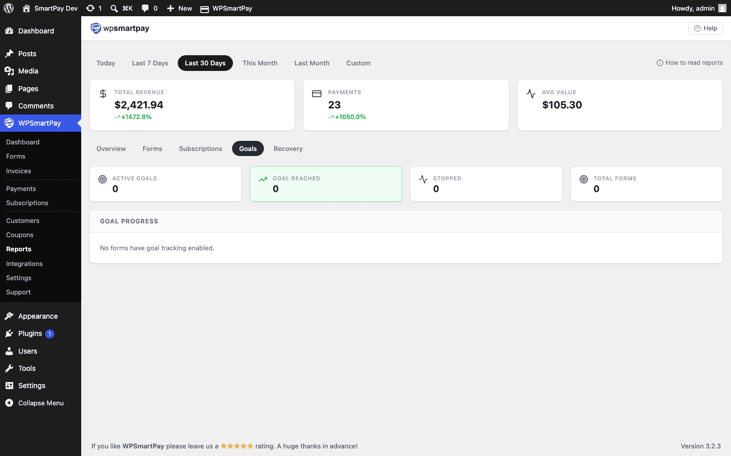 Screenshot of WP SmartPay Reports Goals tab showing a fundraising goal with progress bar