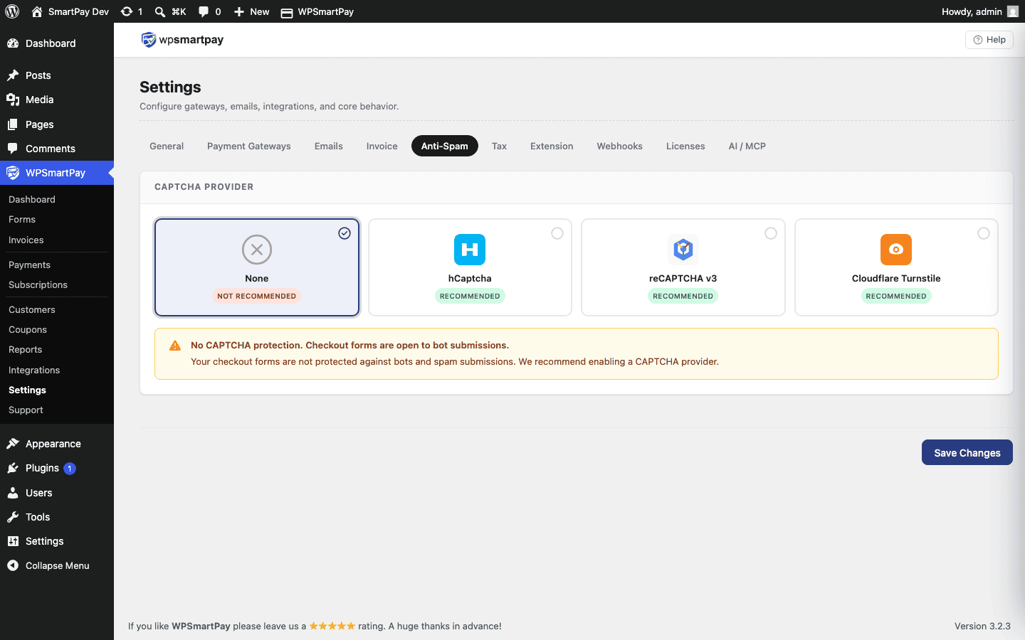 Screenshot of WP SmartPay Anti-Spam settings page showing CAPTCHA provider toggle and site key fields