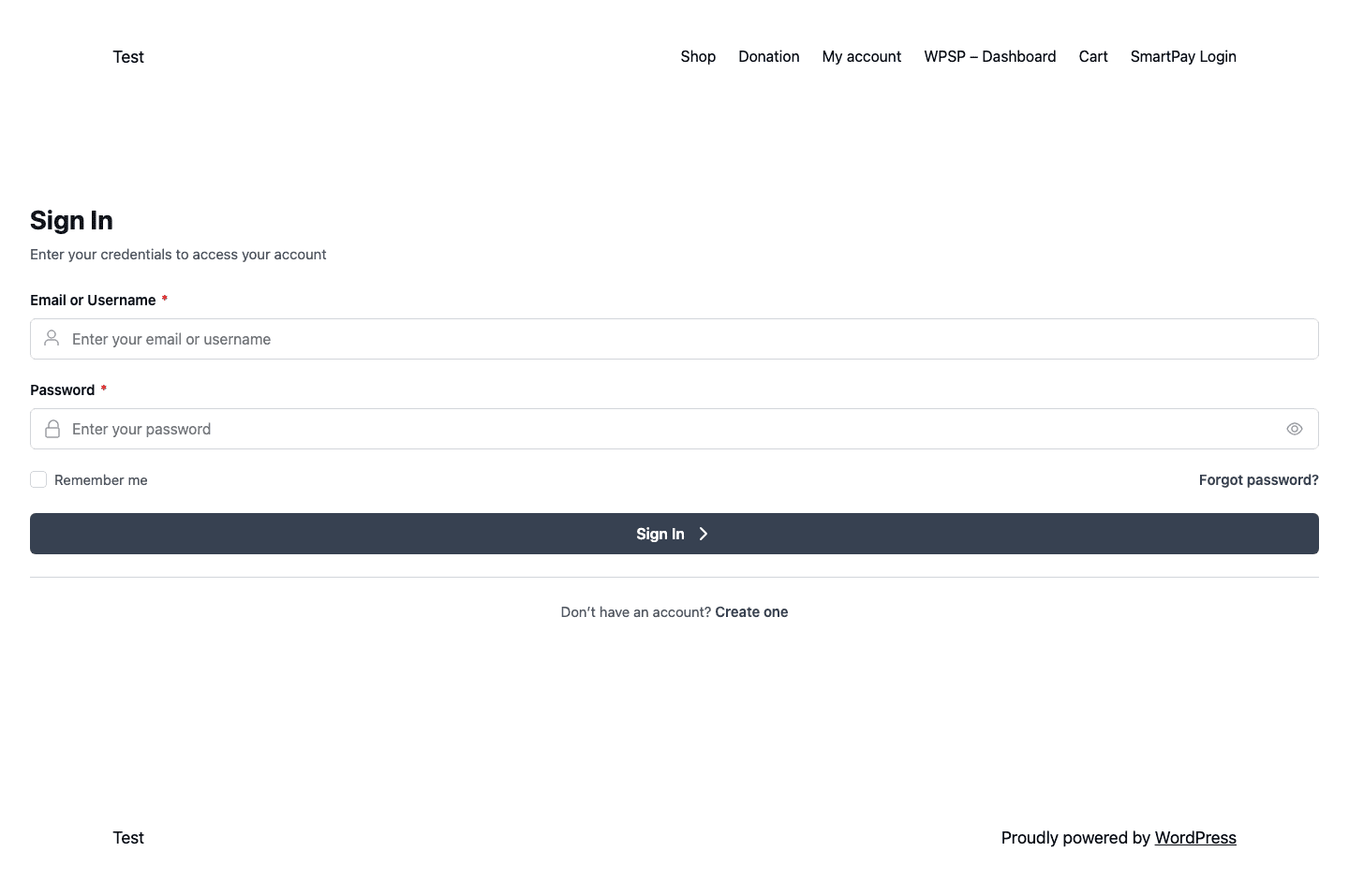 Screenshot of the WP SmartPay frontend Sign In page showing the email or username field, password field with show/hide toggle, Remember me checkbox, and Forgot password link