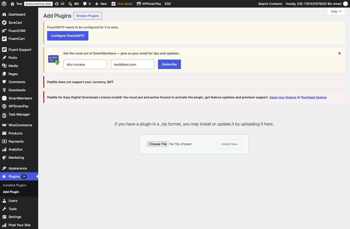 Screenshot of WordPress Add Plugins page showing the Upload Plugin area with Choose File button