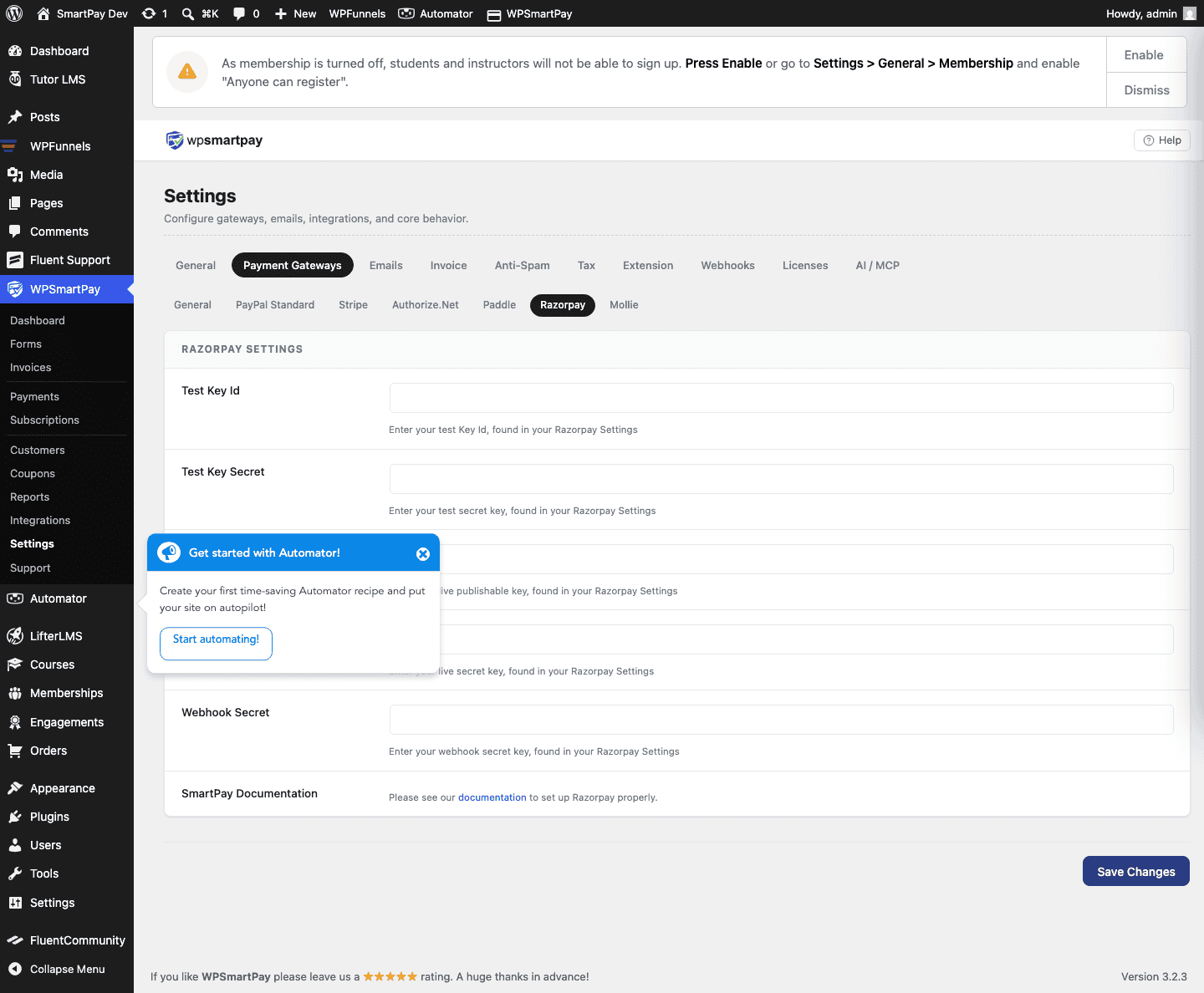 Screenshot of WP SmartPay Razorpay settings showing Key ID and Key Secret fields for live and test mode