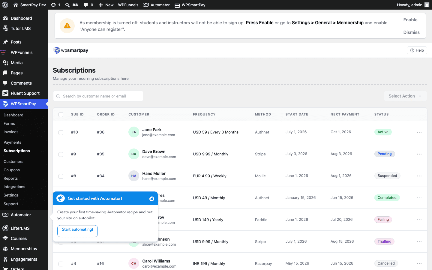 Screenshot of WP SmartPay Subscriptions list showing active subscriptions with plan details