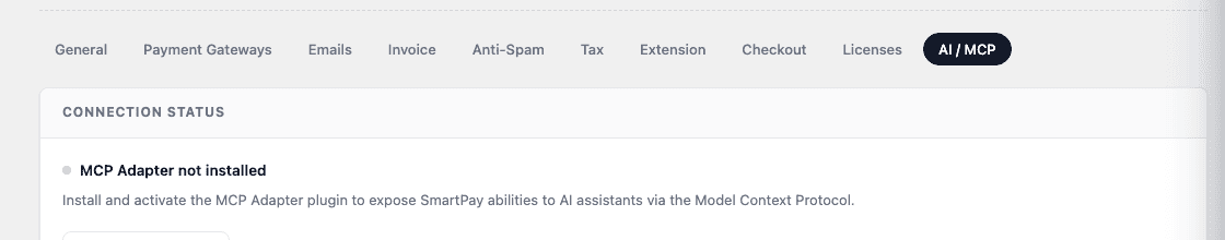 Connection Status card — gray dot, Find MCP Adapter button