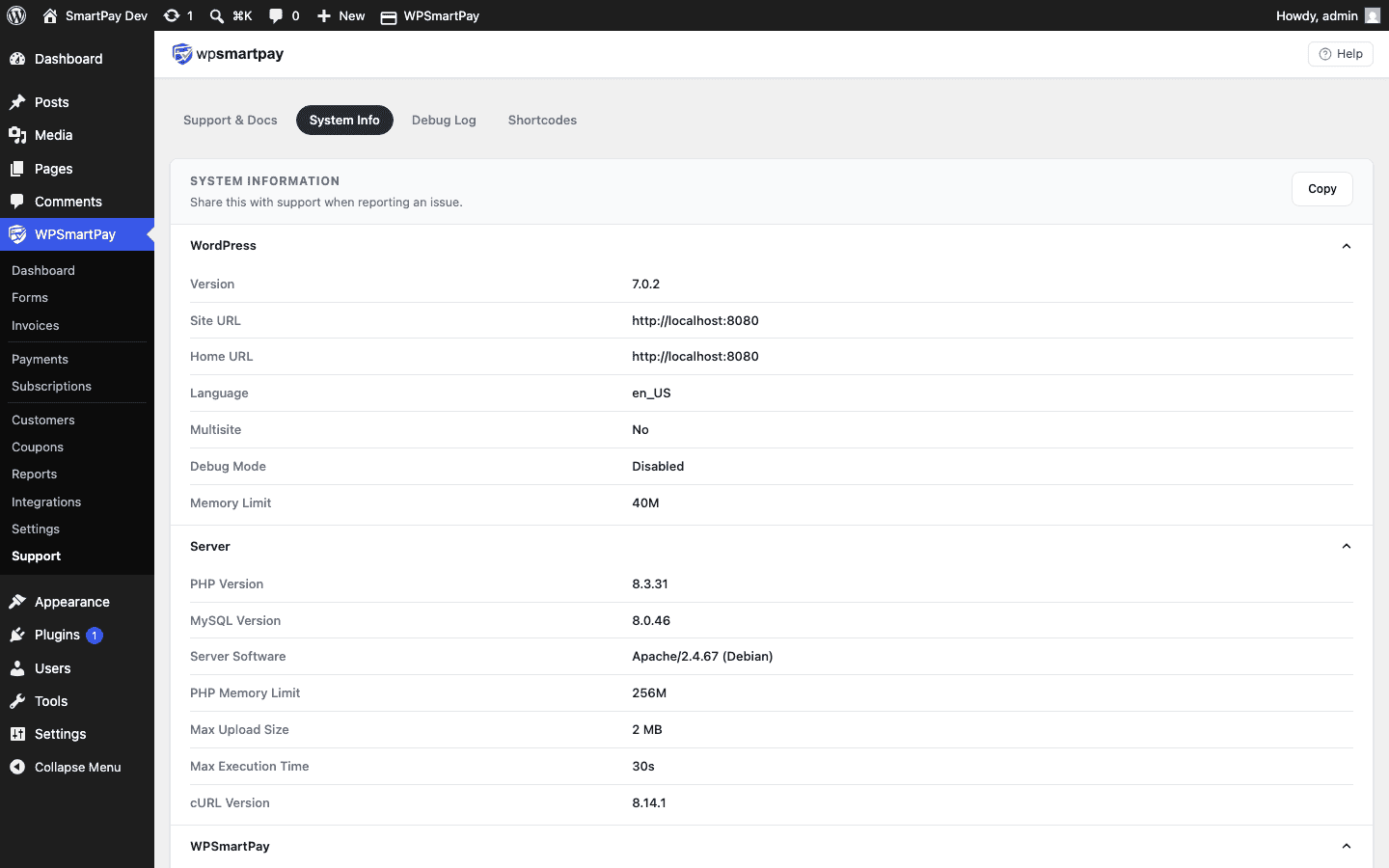 WP SmartPay System Info page showing WordPress environment, server details, and plugin configuration