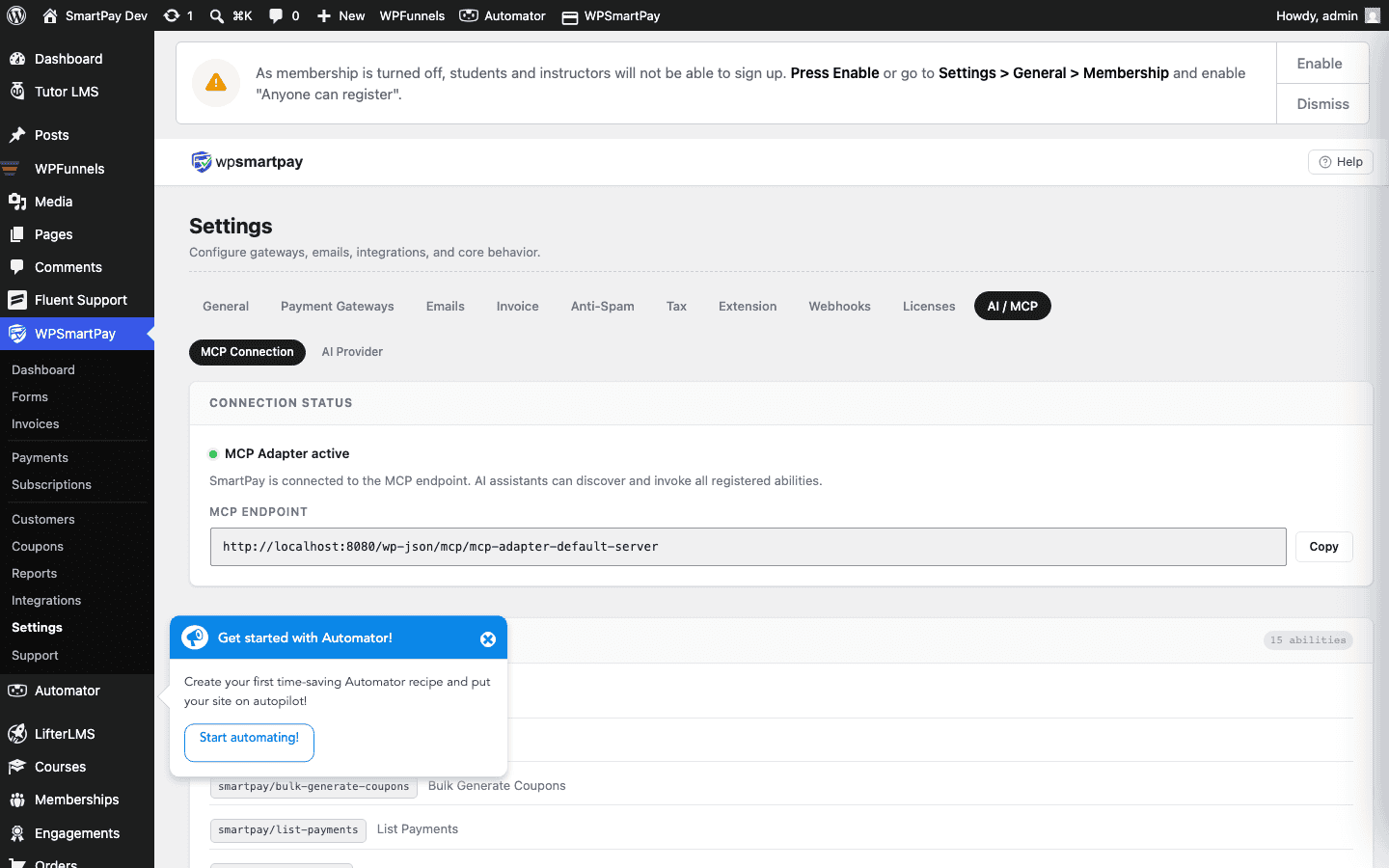 Screenshot of WP SmartPay MCP settings page showing server URL, token, and available abilities