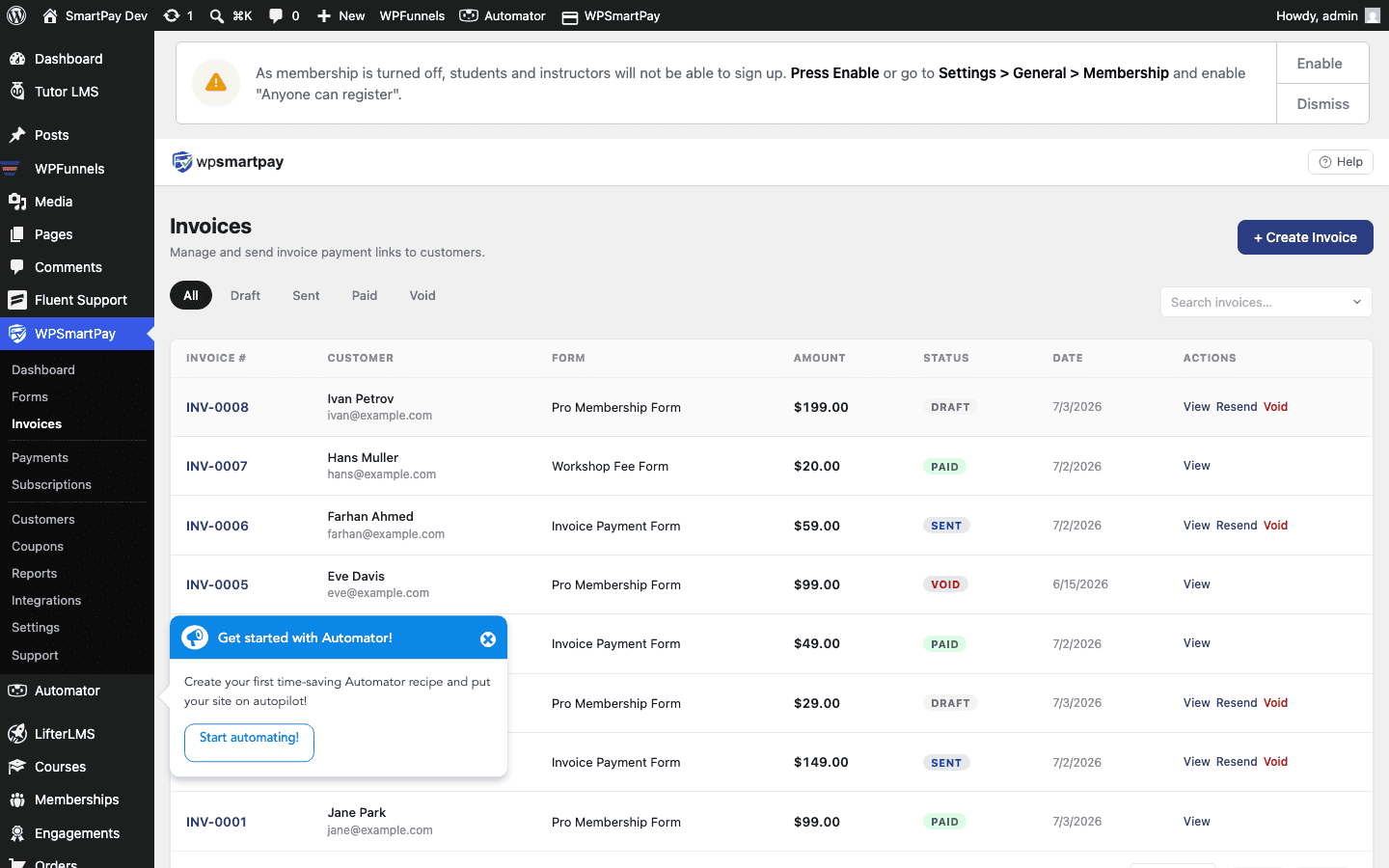 Screenshot of WP SmartPay Invoices list showing invoice numbers, customers, amounts, and statuses