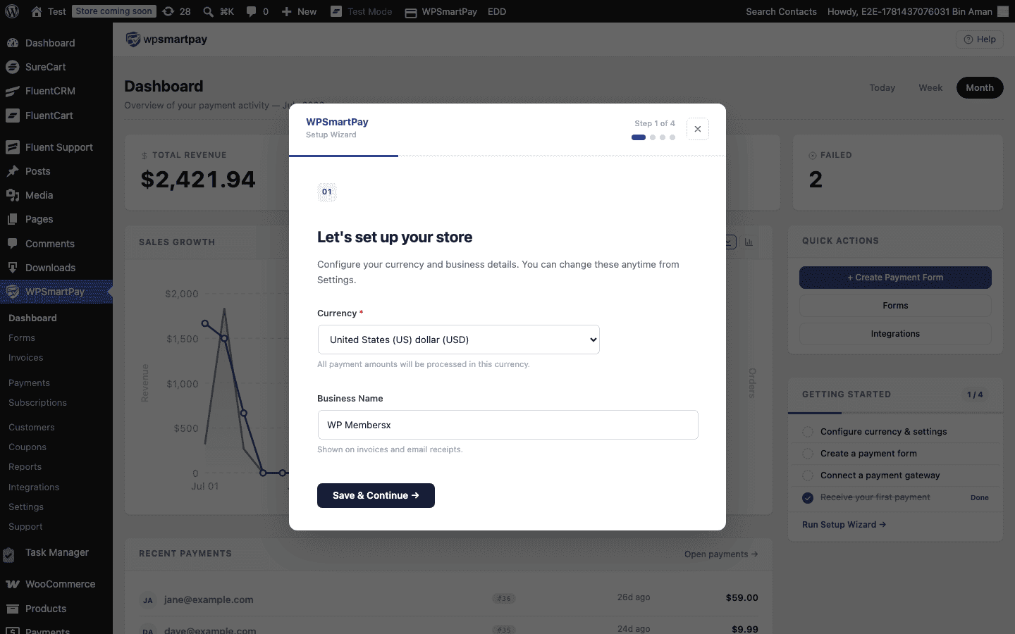 Screenshot of WP SmartPay dashboard with revenue chart and Getting Started checklist