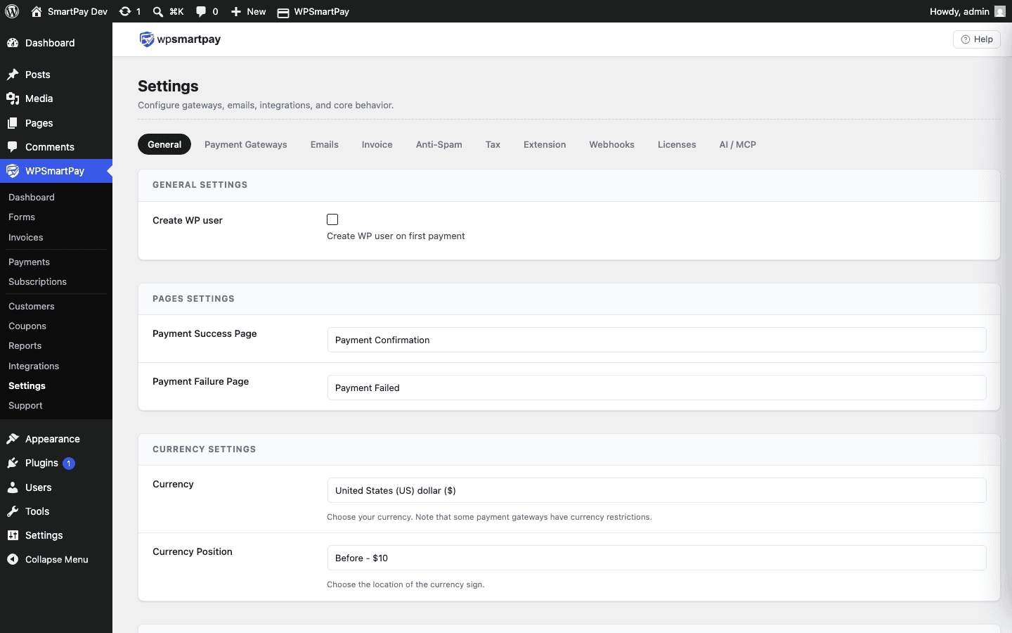 WP SmartPay General Settings showing tax configuration options