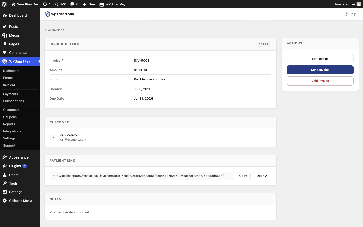 Screenshot of WP SmartPay invoice detail page showing invoice number, line items, and pay button