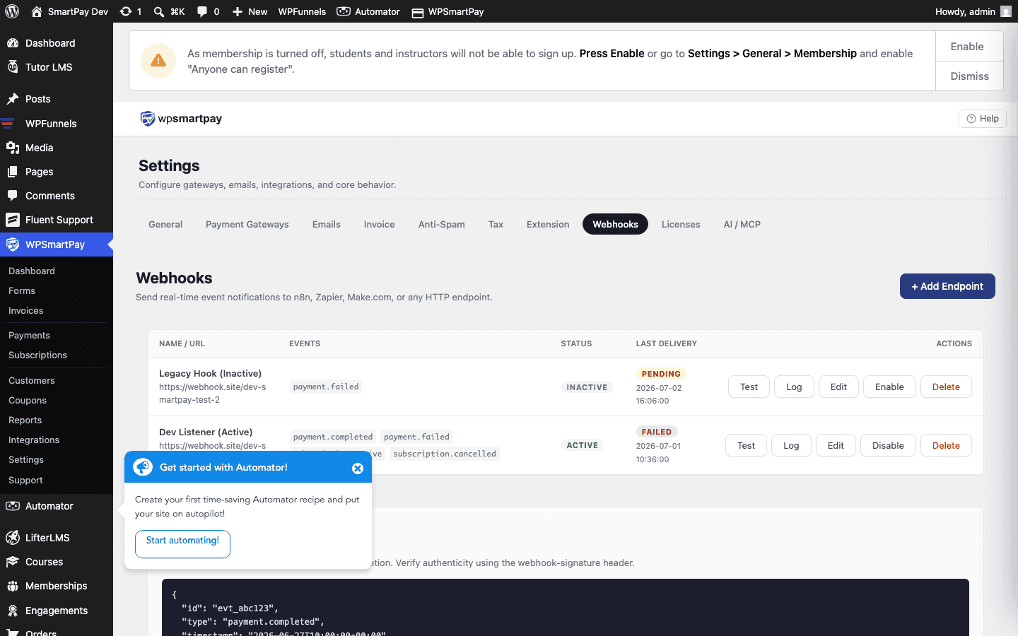 Screenshot of WP SmartPay Webhooks settings page showing webhook endpoints list and add endpoint form