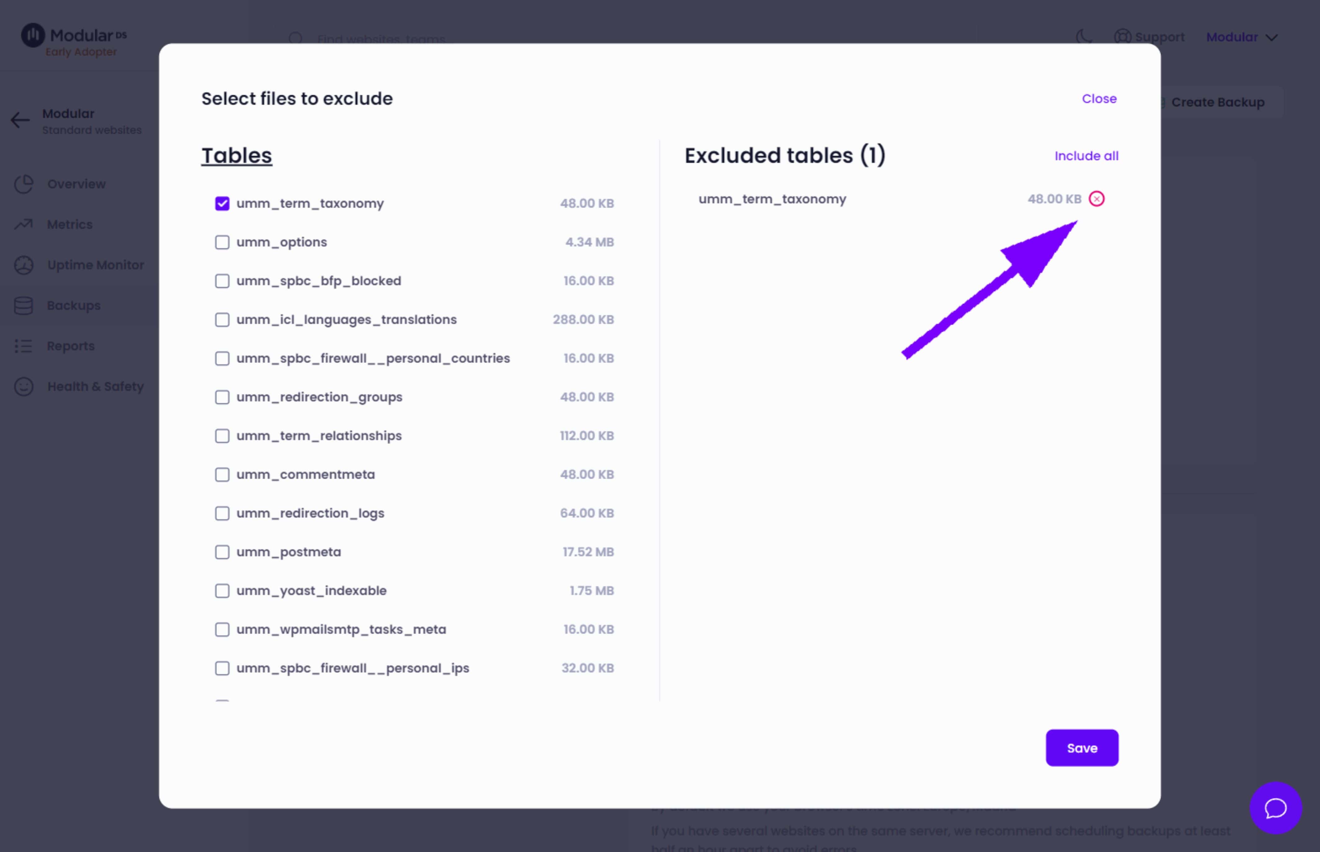 Exclude tables from backups