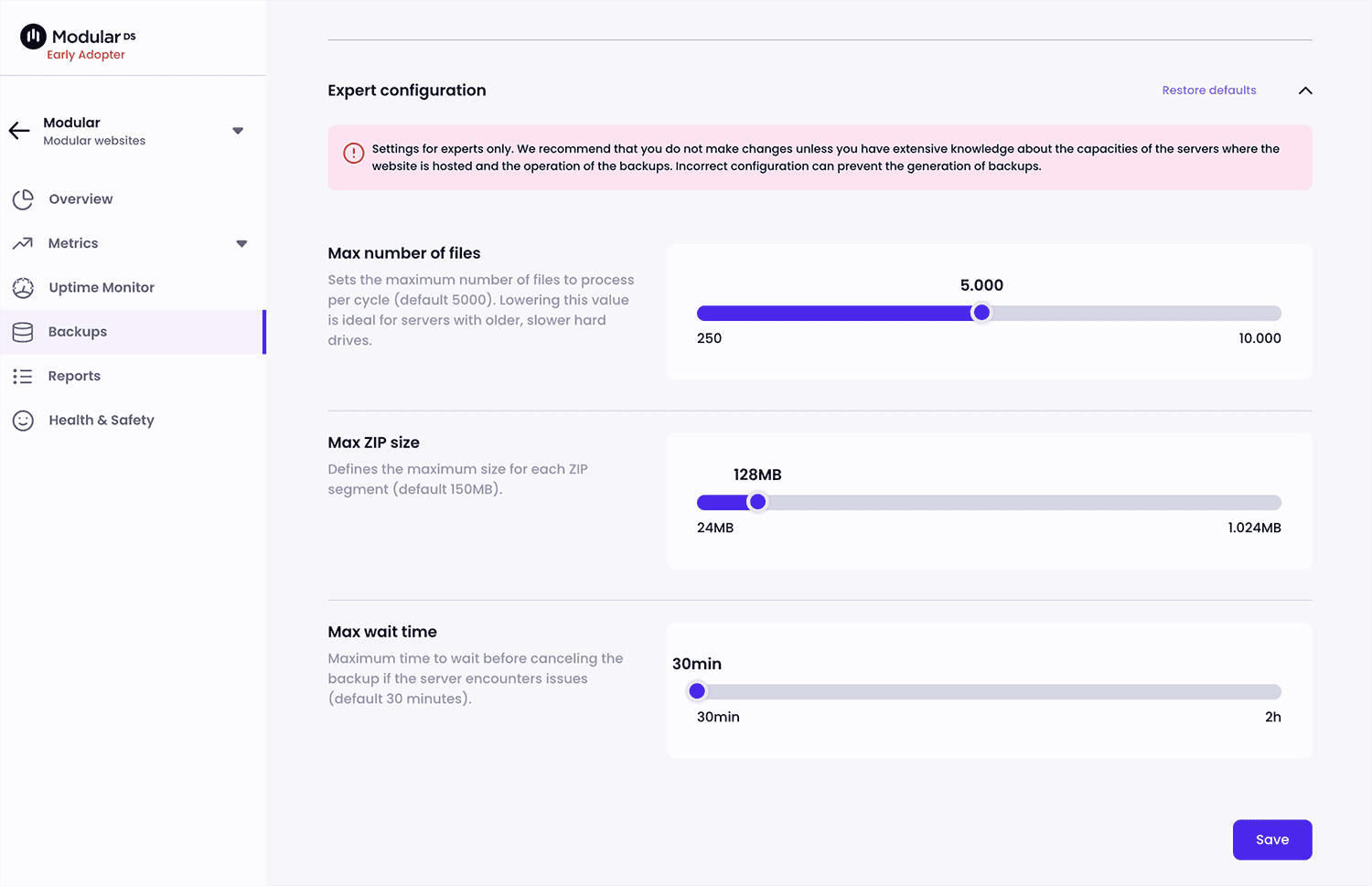 Expert backup configuration