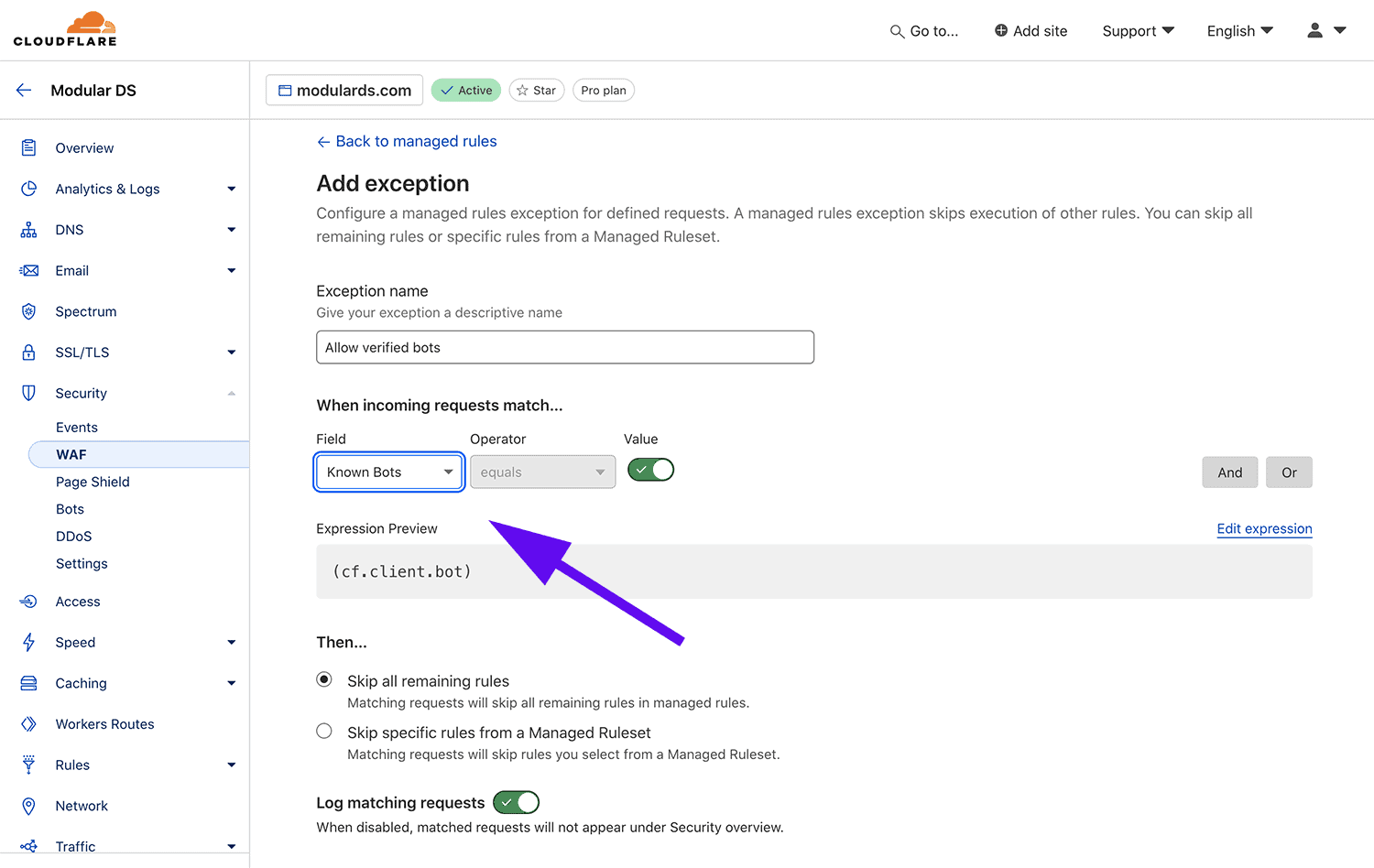 Exception configuration