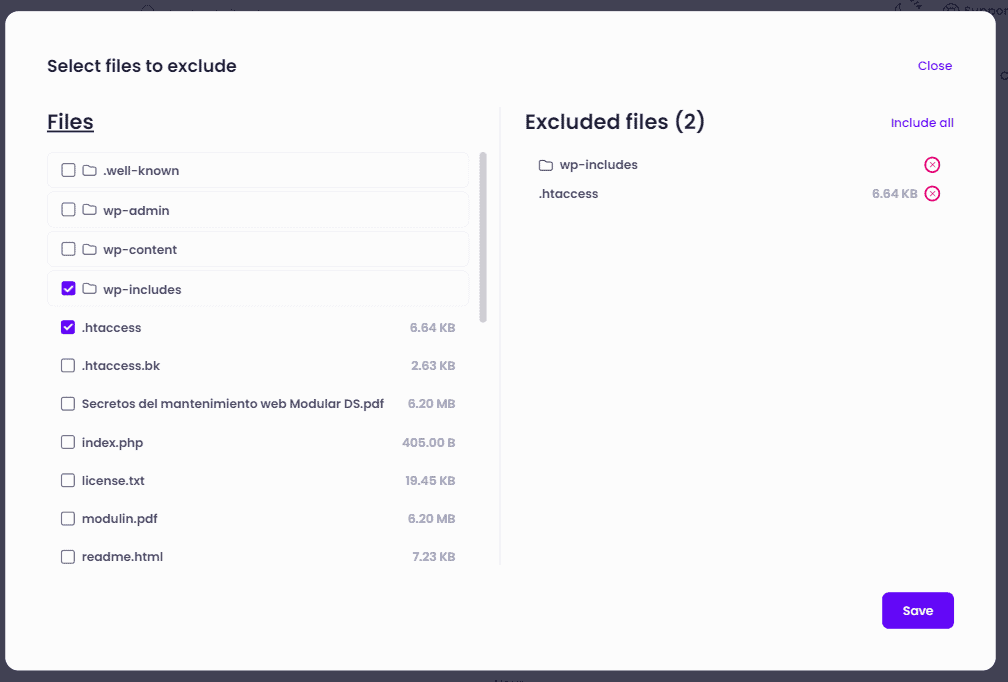 Exclude files backups