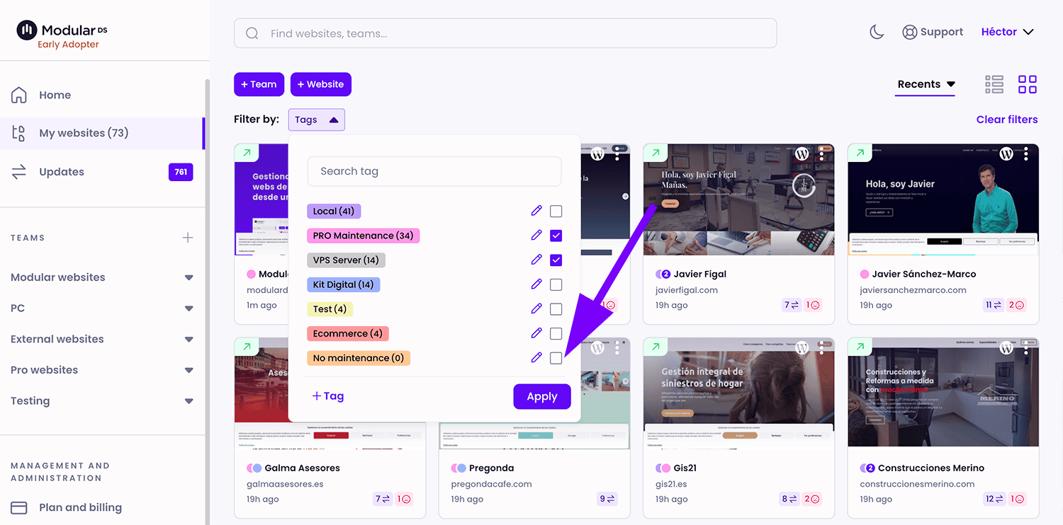 Filter sites by tags