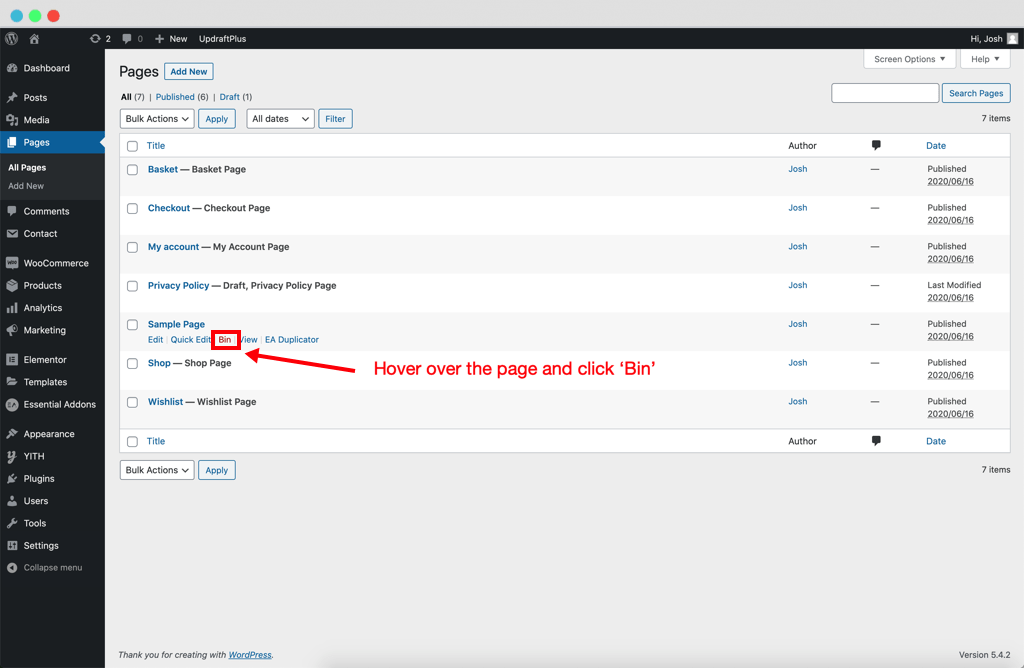 Deleting a page in WordPress