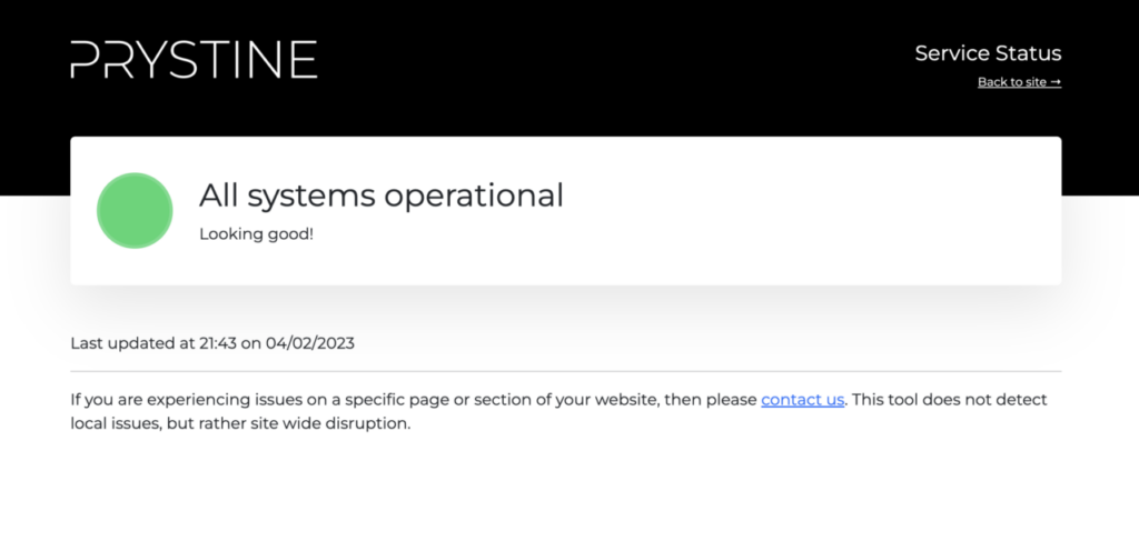 Prystine's System Status page