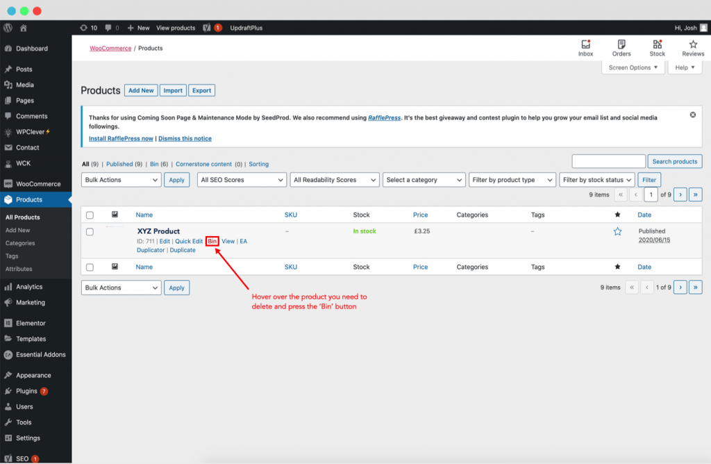 Deleting a WooCommerce Product